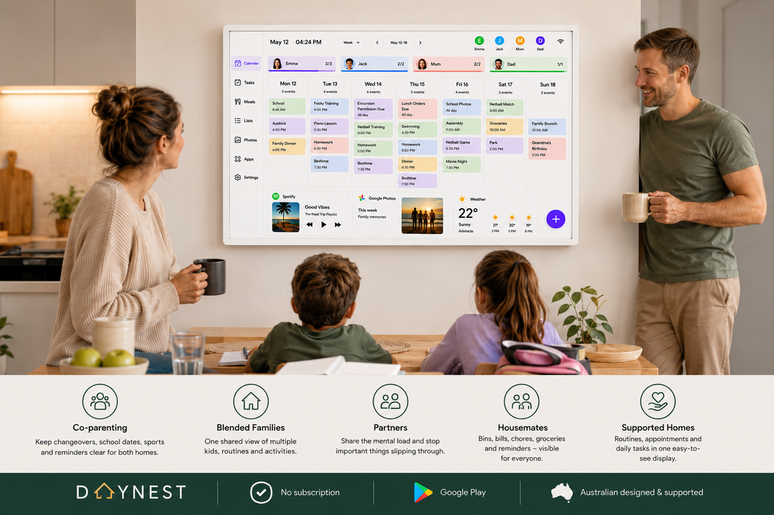 DayNest digital family calendar display mounted in a shared home kitchen showing weekly routines, chores, appointments and reminders.