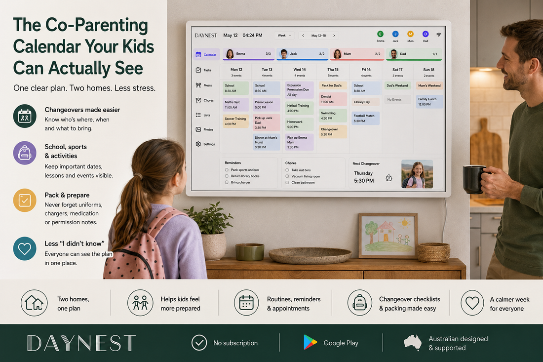 When children move between two homes, the weekly plan needs to be easy to see. DayNest helps co-parents display changeovers, school dates, routines, appointments and reminders in one clear place.