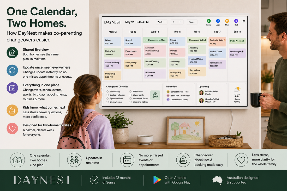 DayNest digital family calendar display showing a shared co-parenting calendar for two homes with changeovers, school events, birthdays, appointments and reminders.