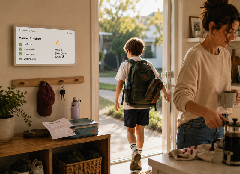 "Uniform, lunch order, footy gear — visible before the rush."