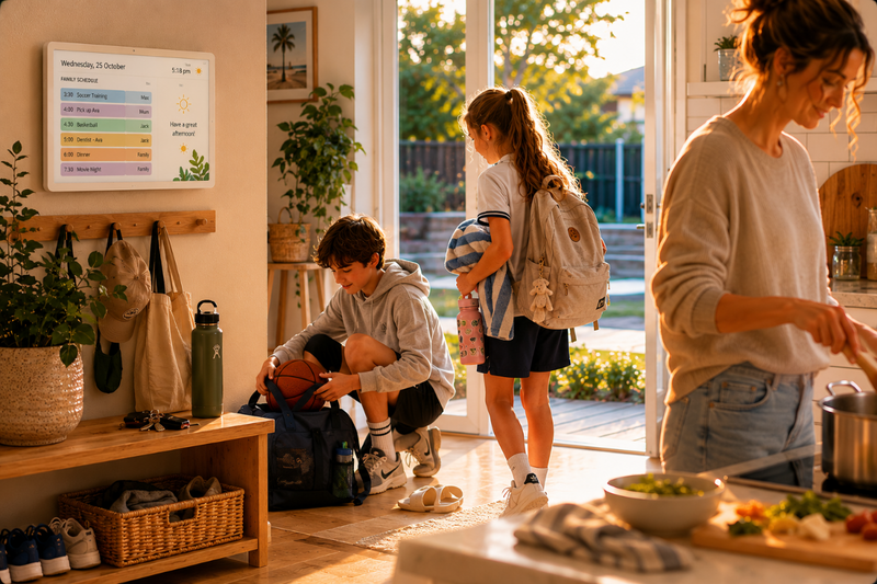 DayNest family display mounted in a kitchen entryway showing the week's schedule as children get ready for school